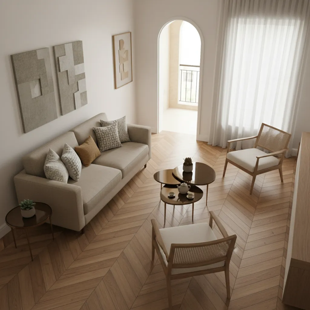 Furniture arrangement strategy for a small Indian living room with sofa and accent chairs