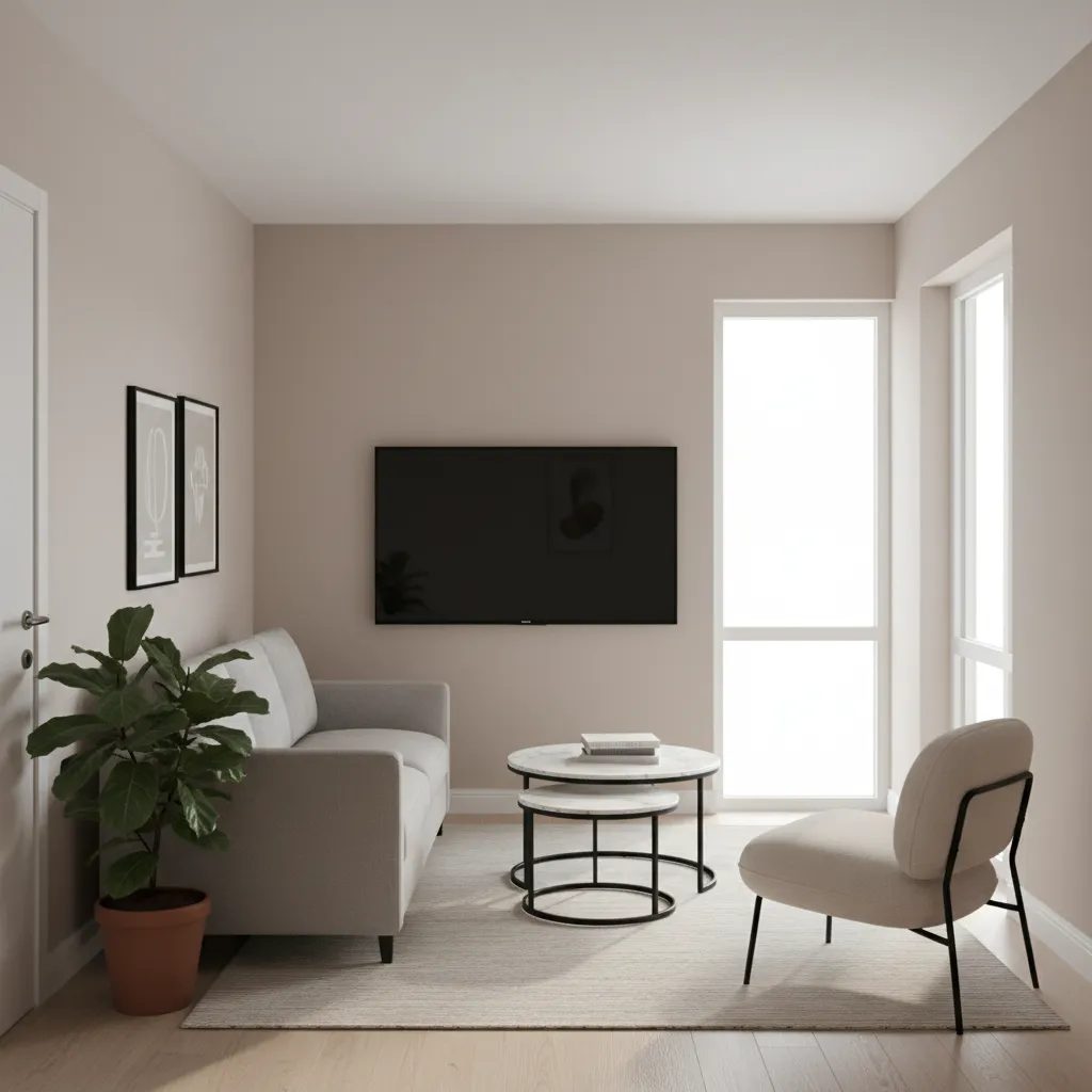 Furniture arrangement example for a small living room with sofa and accent chair