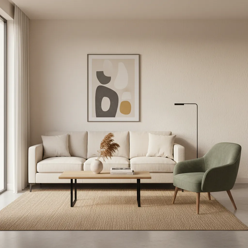 Small living room furniture arrangement with floating sofa and open walking path