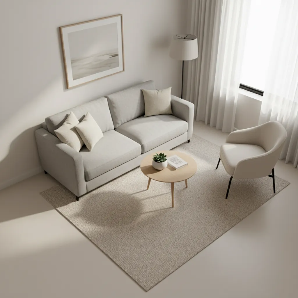 Modern living room featuring grey sofa, round coffee table, armchair, floor lamp, and white curtains