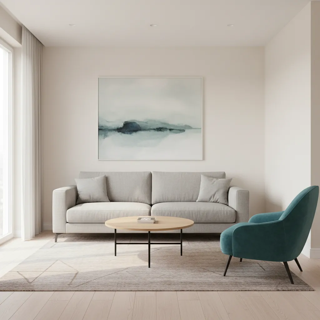 Modern living room with grey sofa, round wooden table, teal armchair, and large abstract art