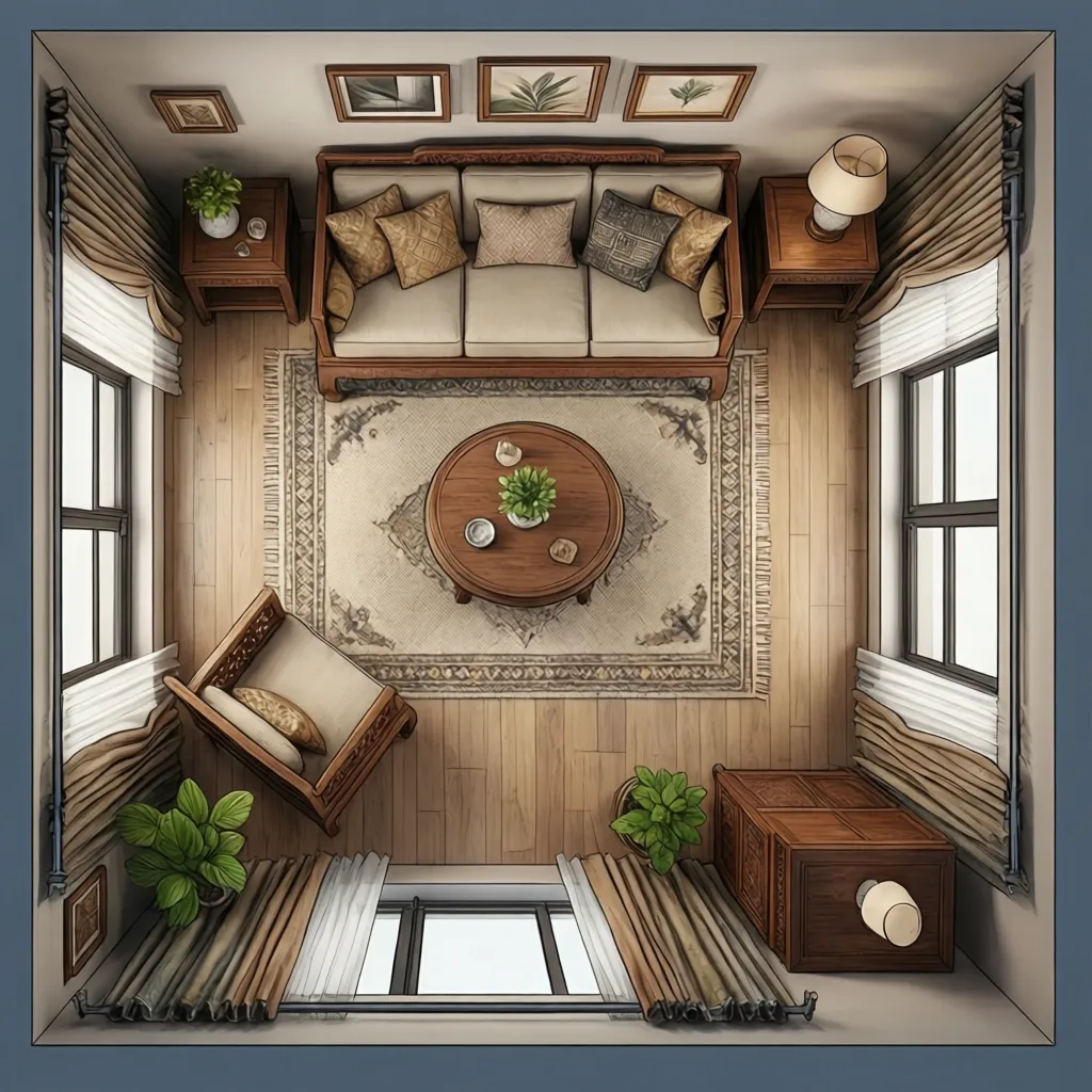 Top view layout of small Indian style living room furniture arrangement
