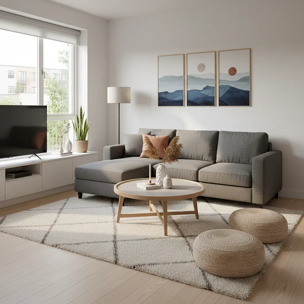 Modern living room with grey sofa round coffee table two round footrests and landscape wall art