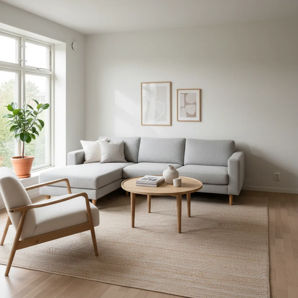 Small living room with optimized furniture layout showing sofa rug and walkway clearance