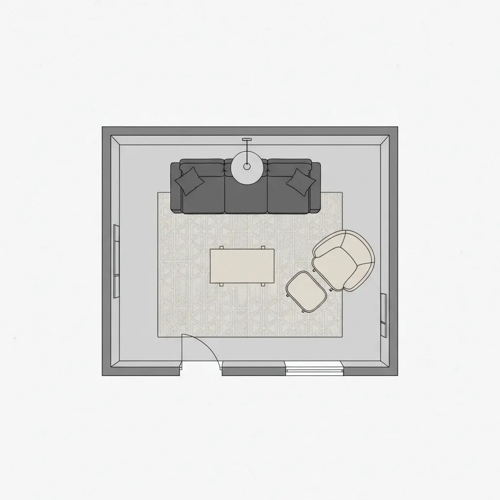 Top view layout plan of small living room furniture arrangement