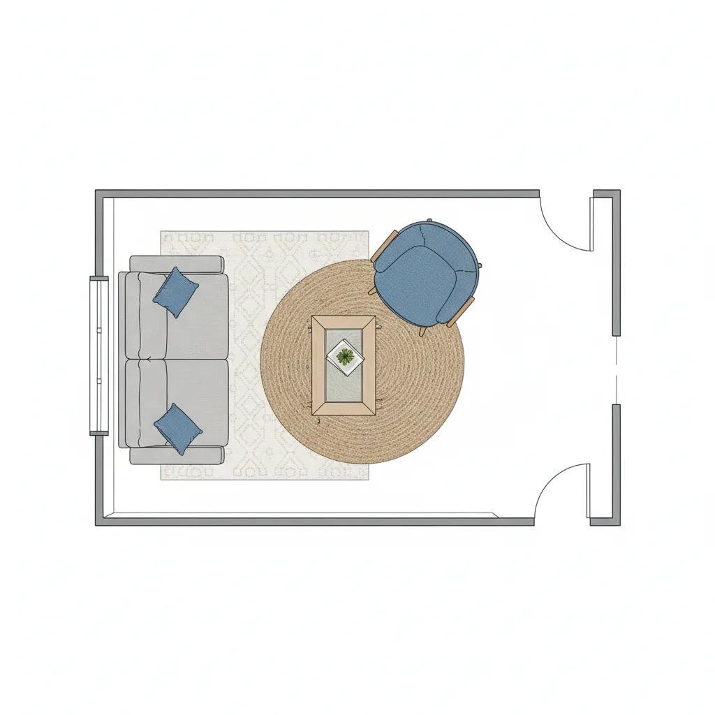 Top view layout of furniture arrangement in a 10x10 living room