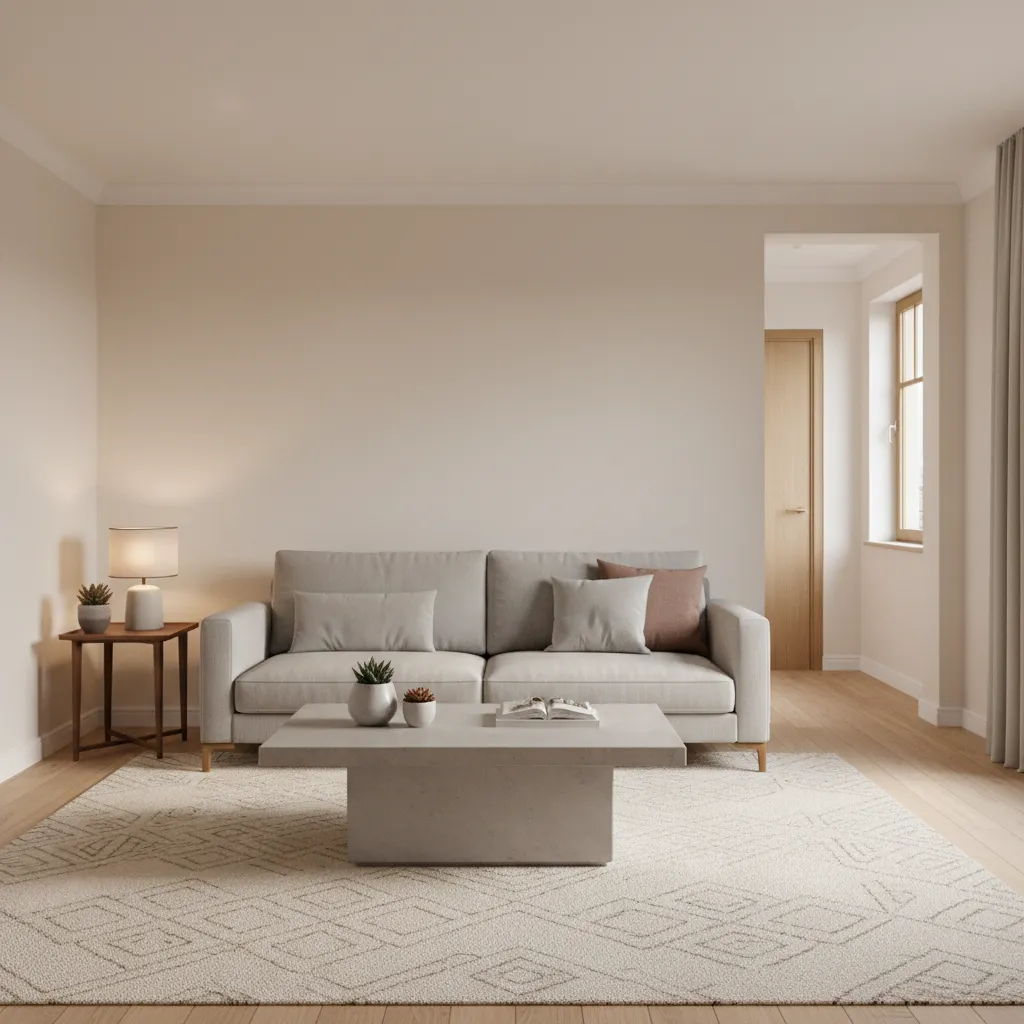 Compact living room furniture arrangement with sofa and clear walking path