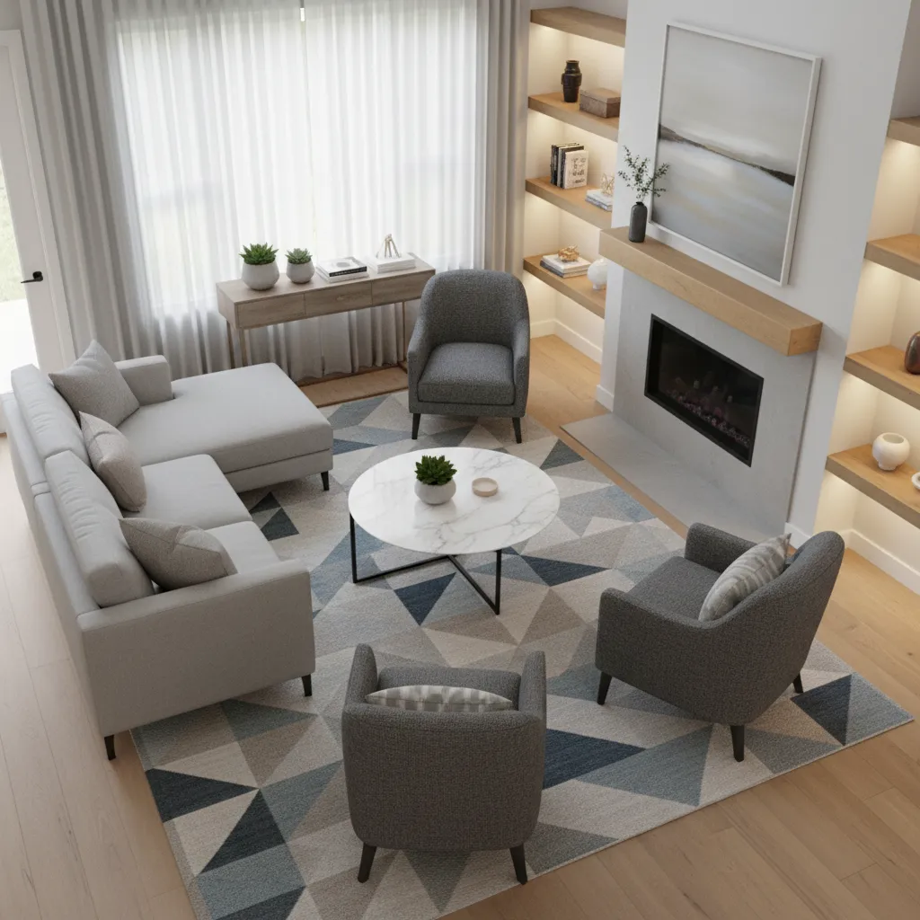 High angle living room view with grey sofa three armchairs marble coffee table and rug