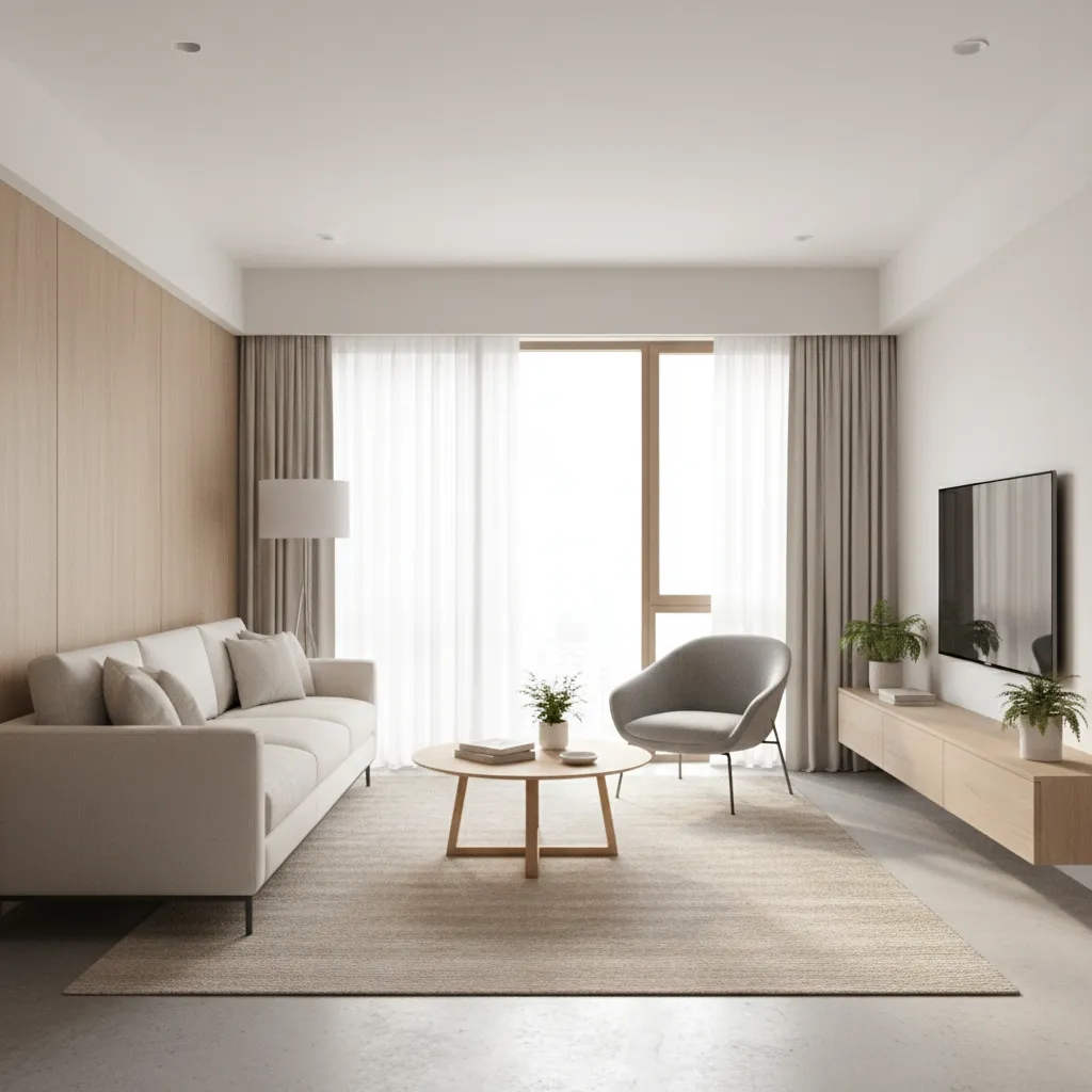 Small living room showing correctly scaled sofa coffee table and chair proportions