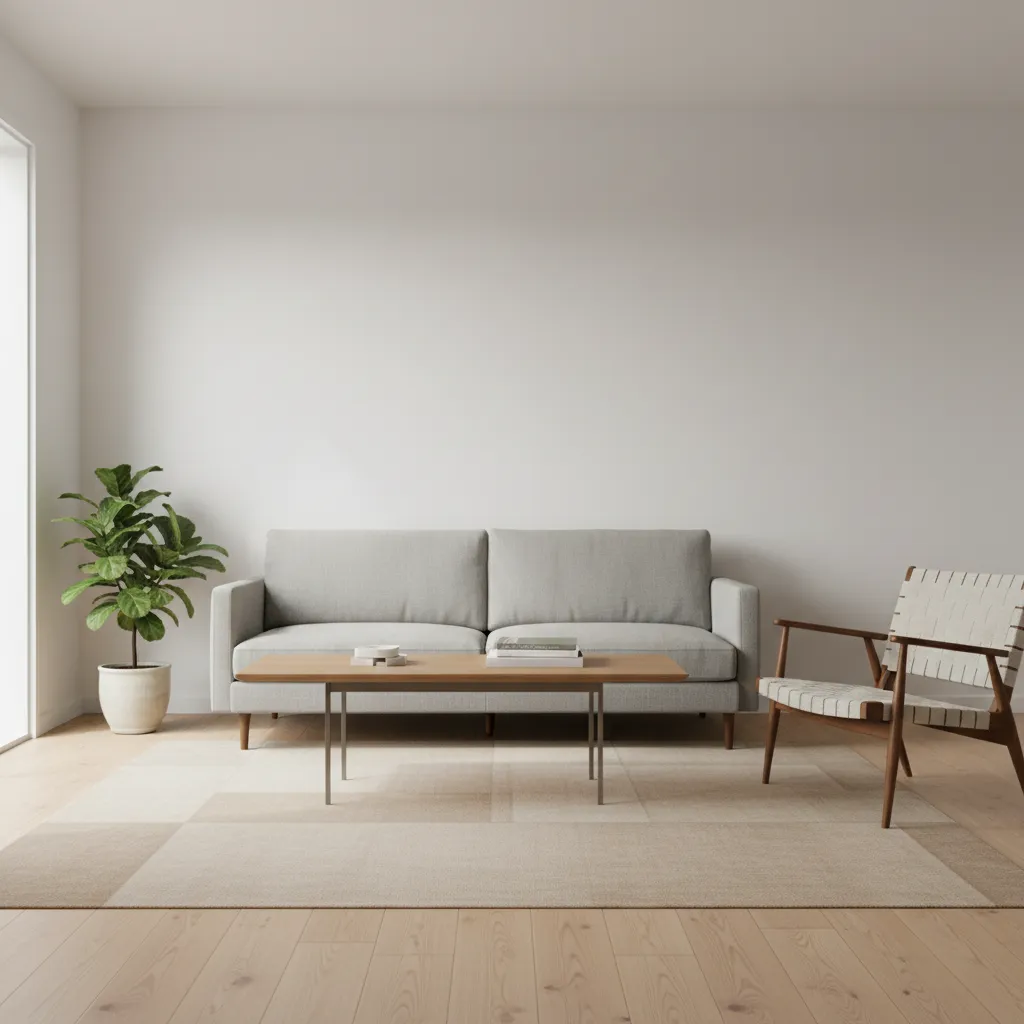 Small living room with well scaled sofa and minimal furniture pieces