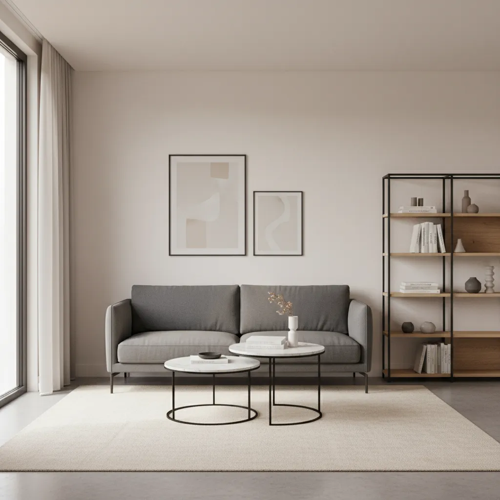 compact living room furniture with slim sofa and nesting tables