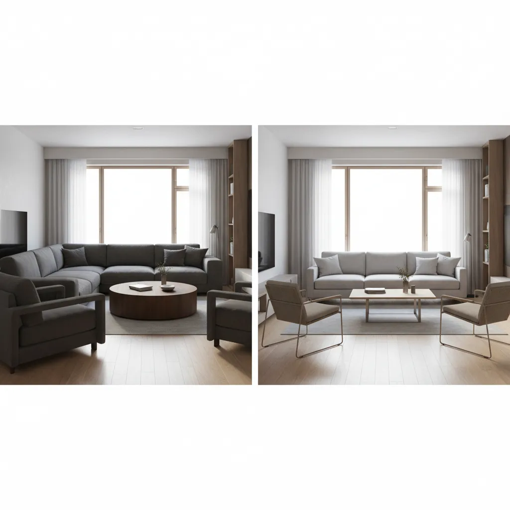 Comparison of oversized and apartment-scale furniture in a small living room