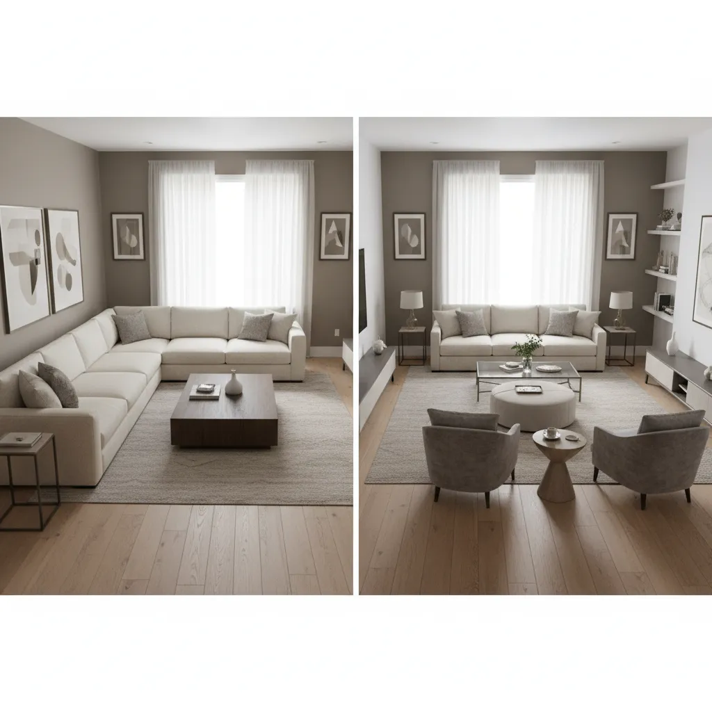 comparison of oversized sectional versus properly scaled sofa in 15x15 living room