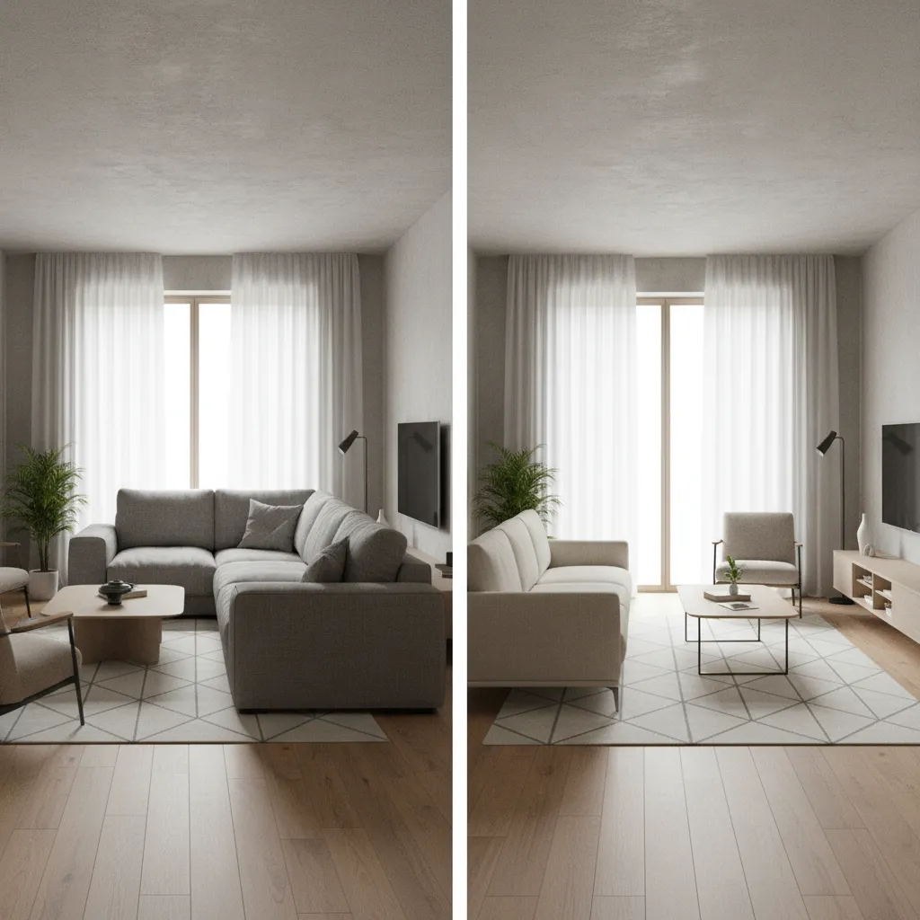 comparison of bulky sofa versus slim sofa in small living room layout