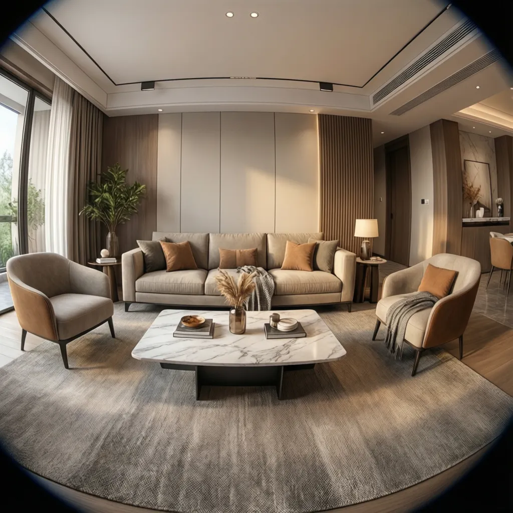 Small living room with correctly scaled sofa rug and coffee table