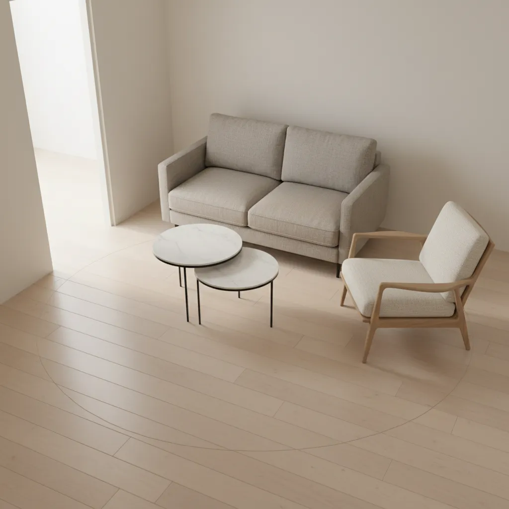 small living room furniture layout with clear walking paths and compact sofa placement