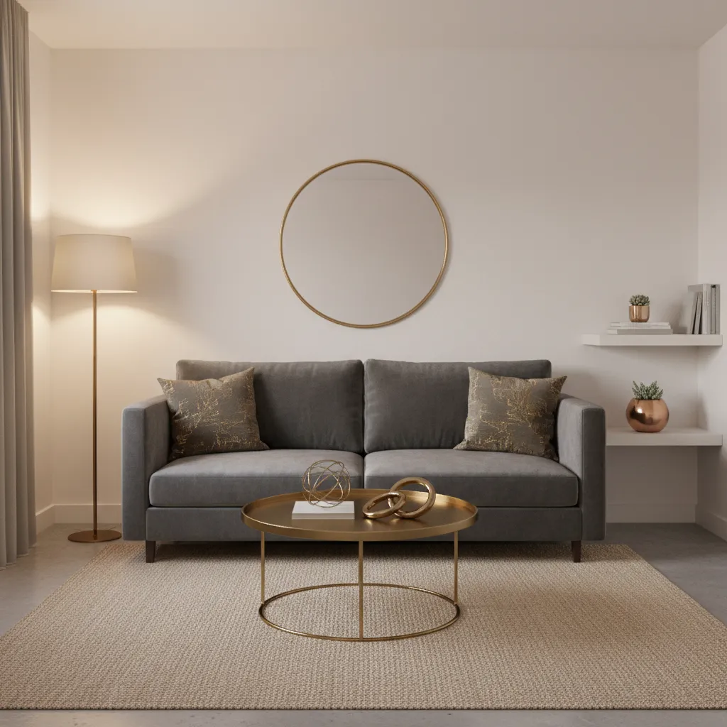 Small living room using gold decorative pillows instead of heavy metallic decor