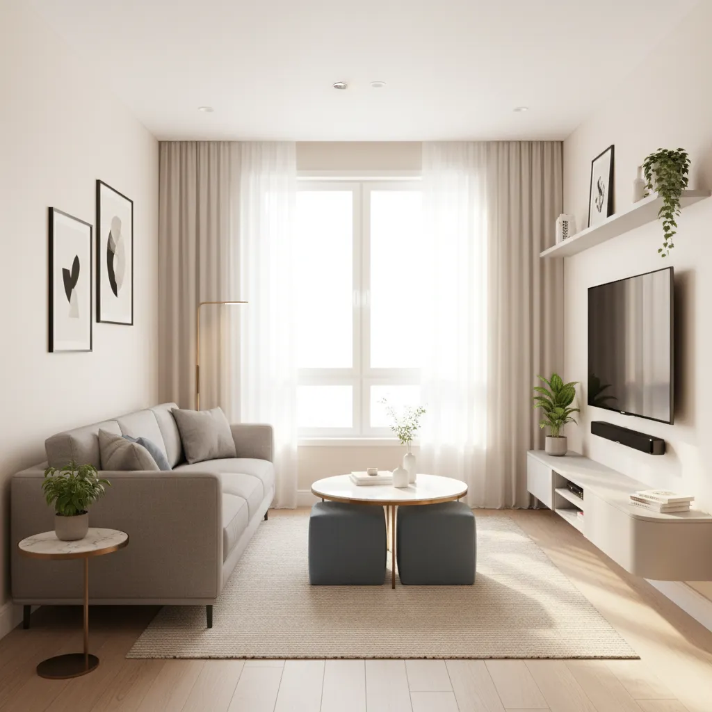 small living room layout with gray couch maximizing space