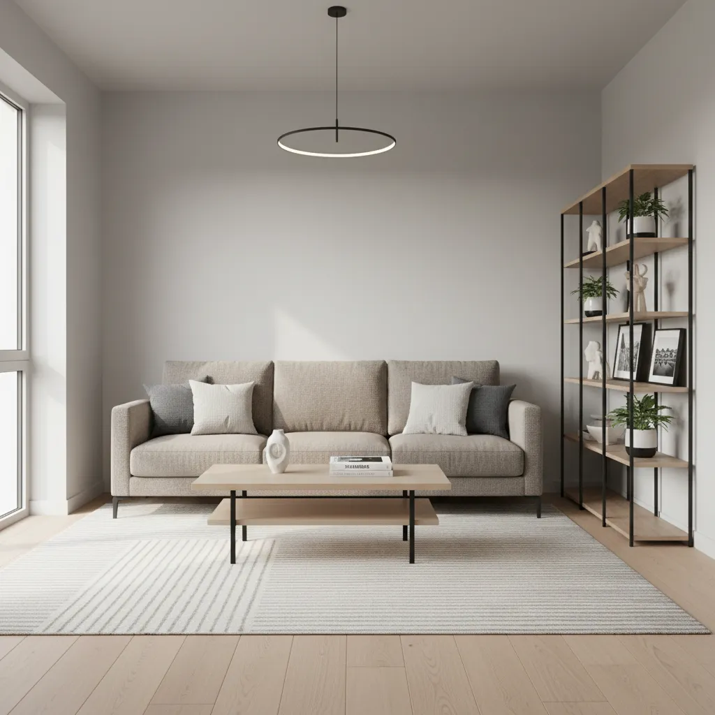Small living room painted in light greige with cohesive furniture tones