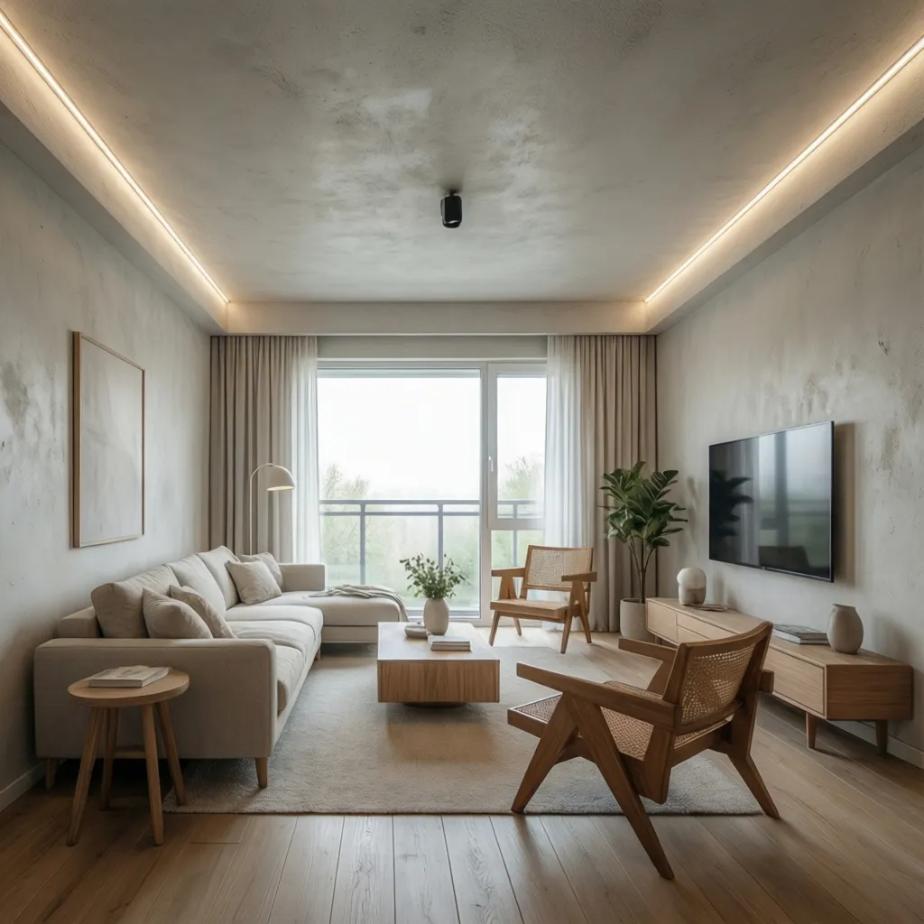 small living room with simple gypsum ceiling and perimeter lighting