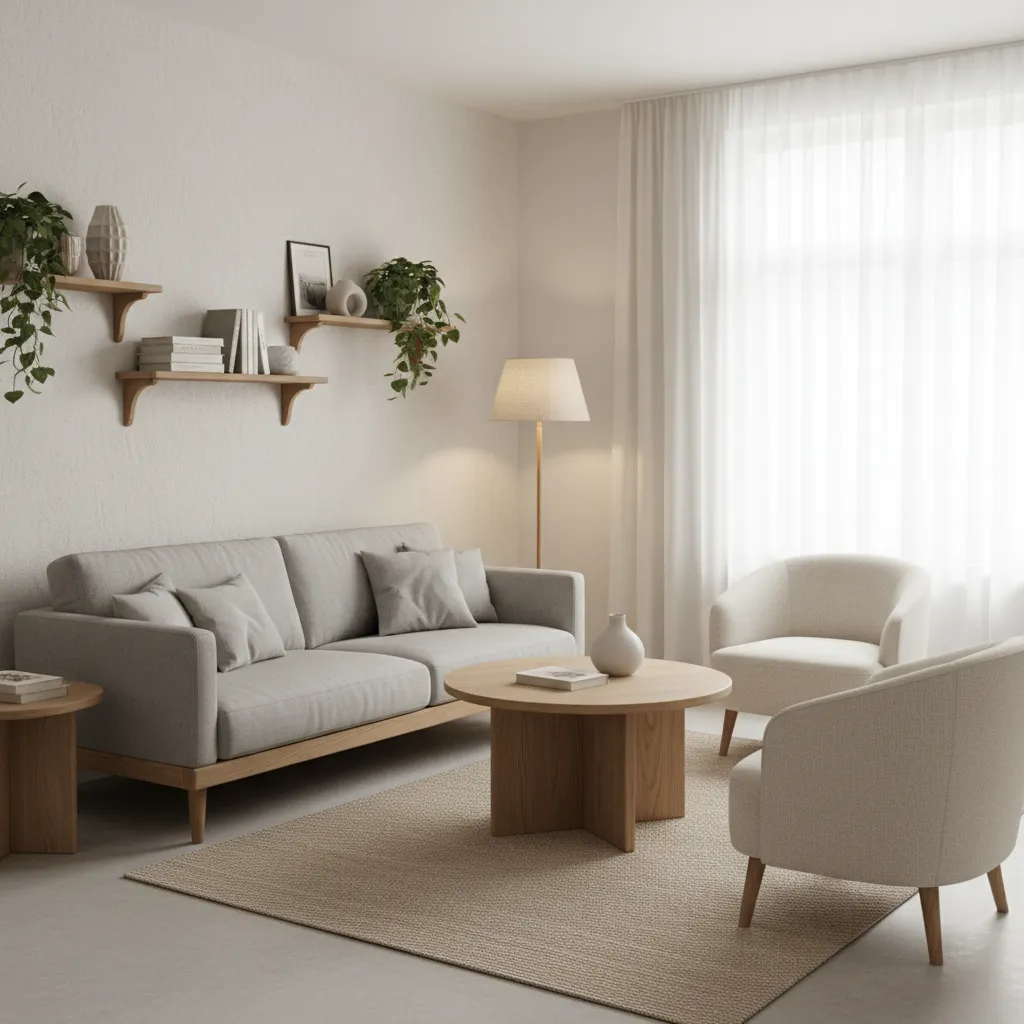 Minimalist living room with grey sofa beige chairs round wooden table rug and floor light