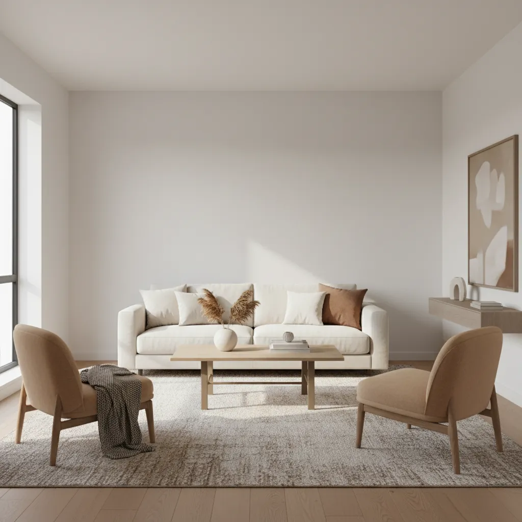 L shaped seating layout with sofa and two chairs in compact living room