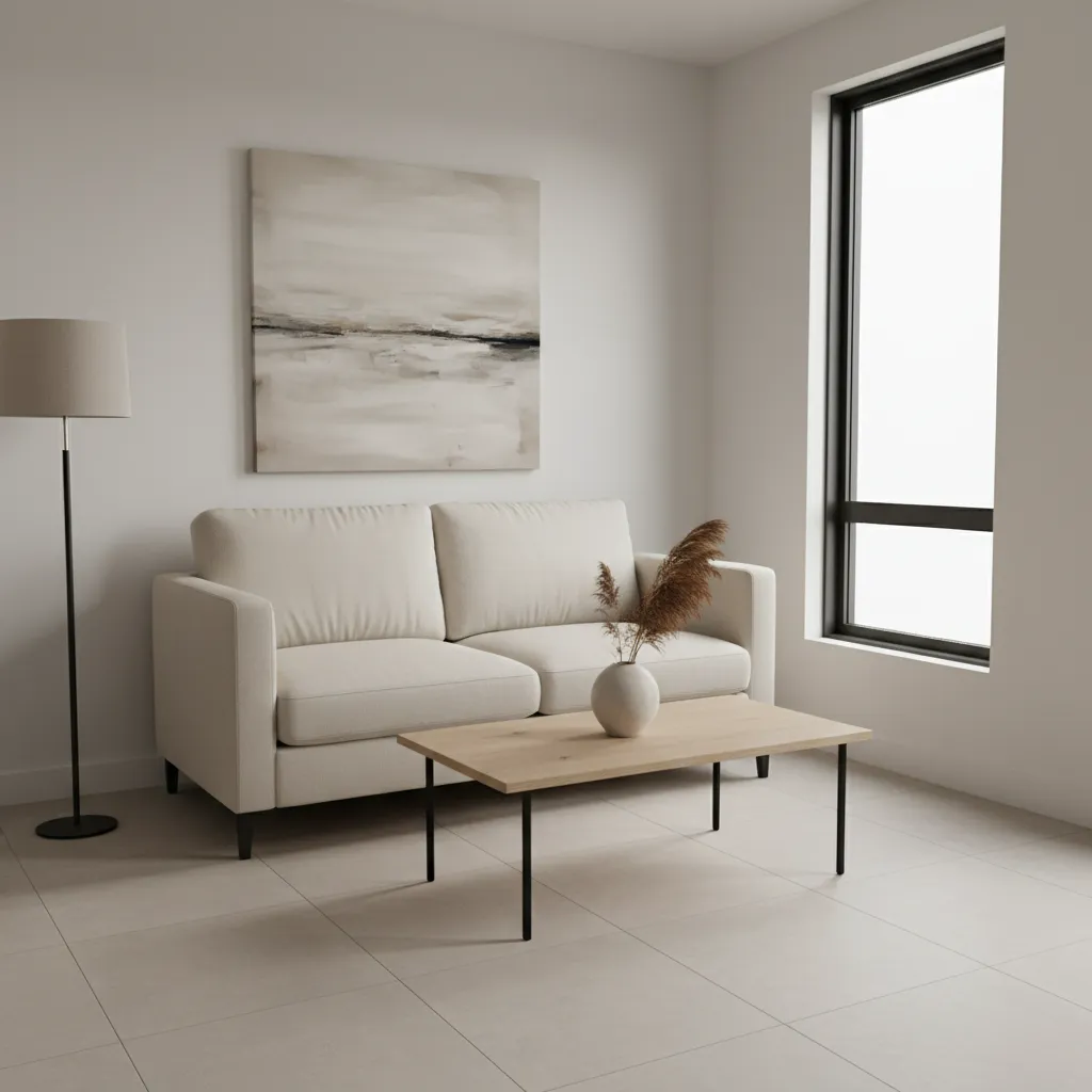 Small modern living room using large format light floor tiles