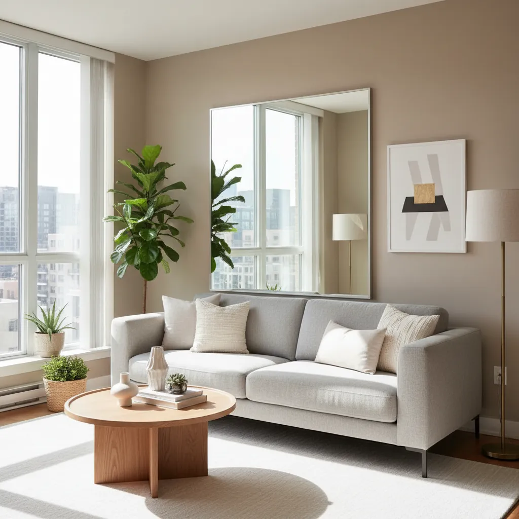 small living room with large mirror reflecting window light