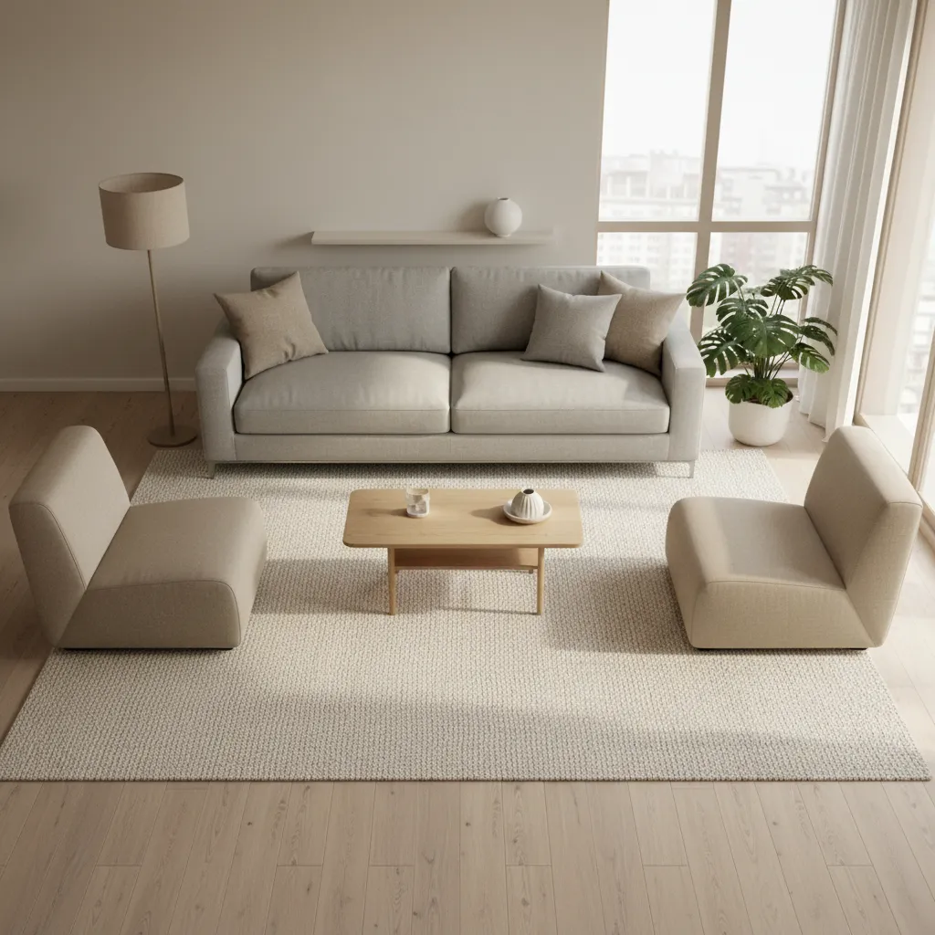 Small living room layout showing large rug under sofa and chairs