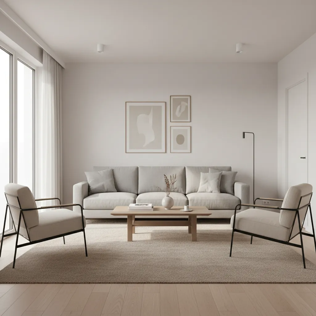Small living room with large rug connecting sofa and chairs