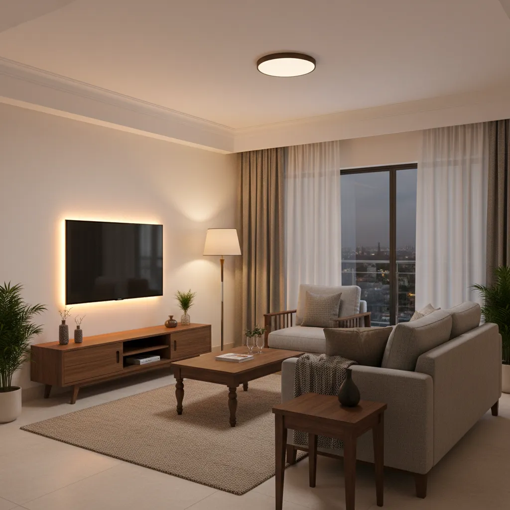 Layered lighting design in a small modern Indian living room