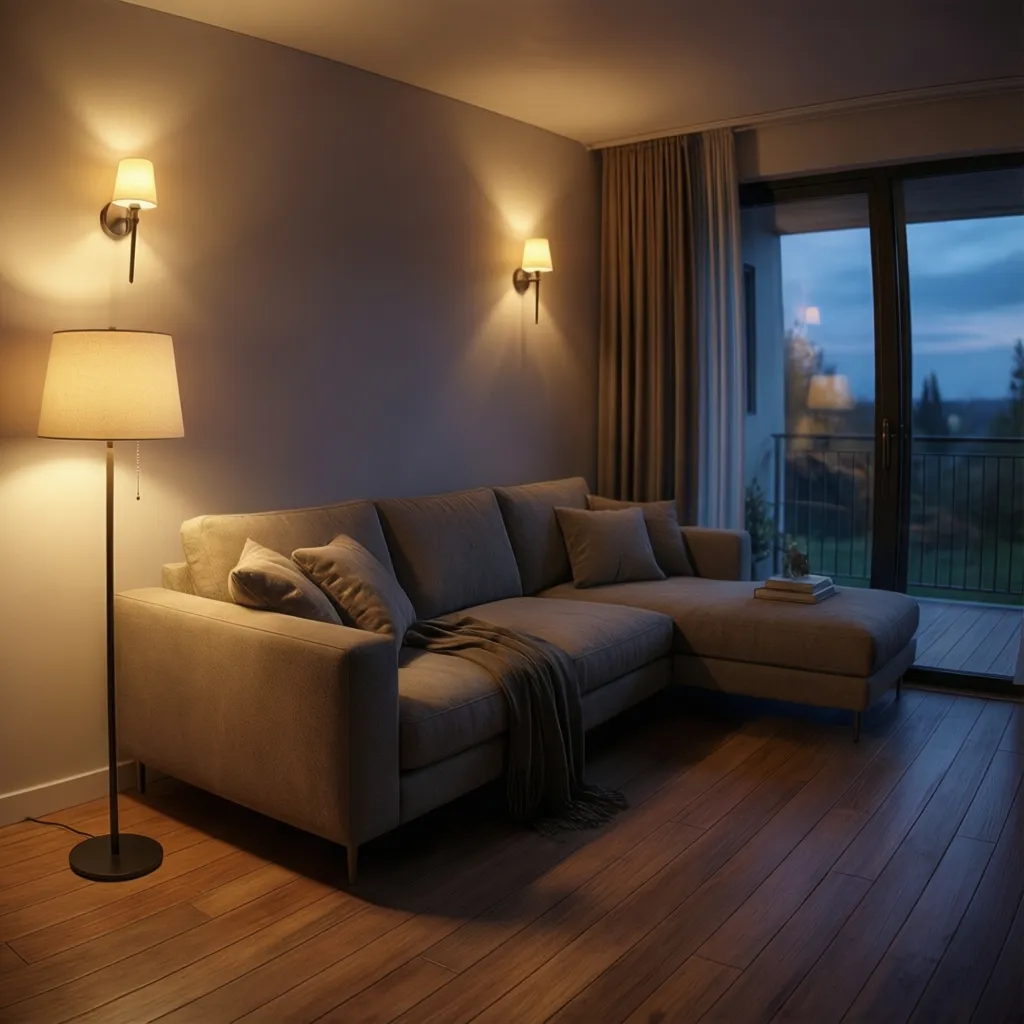 Small living room with layered lighting including floor lamp and wall lights