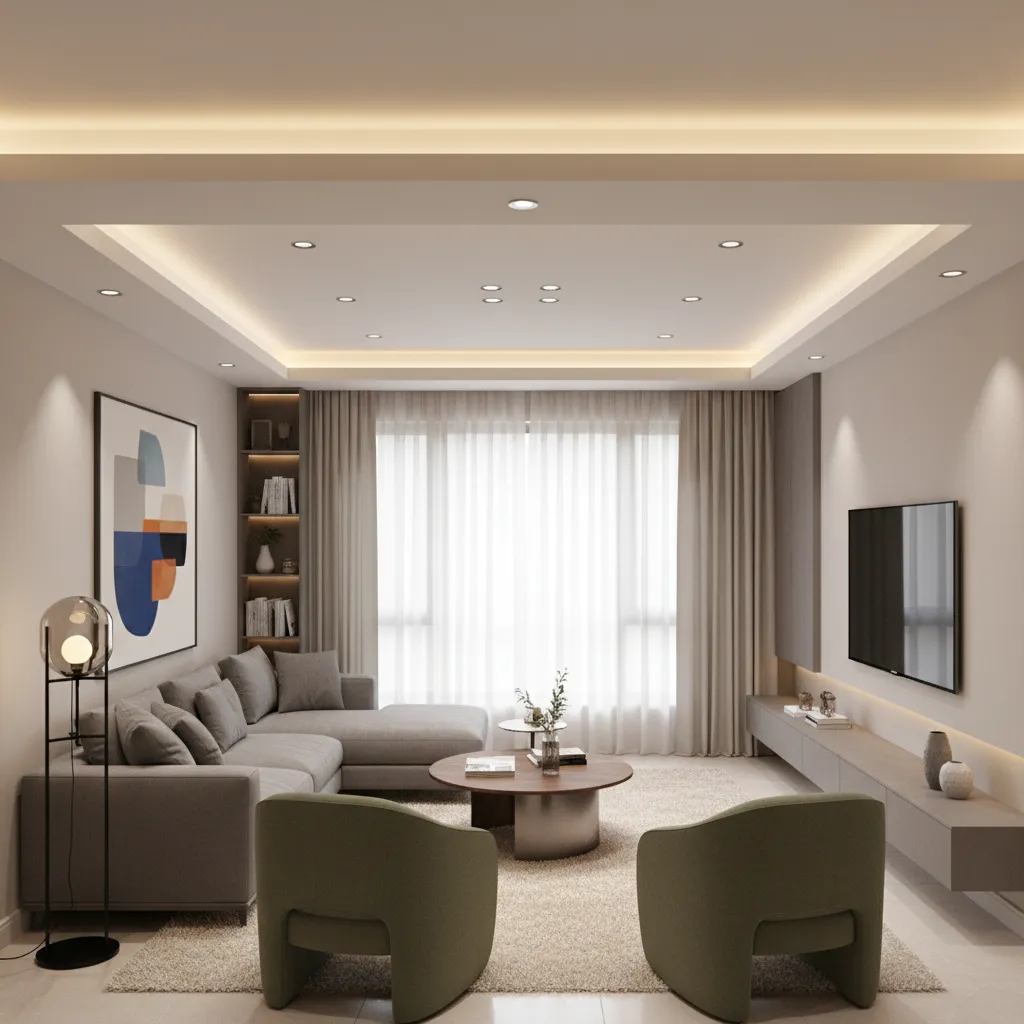 Layered lighting example in a small living room ceiling design