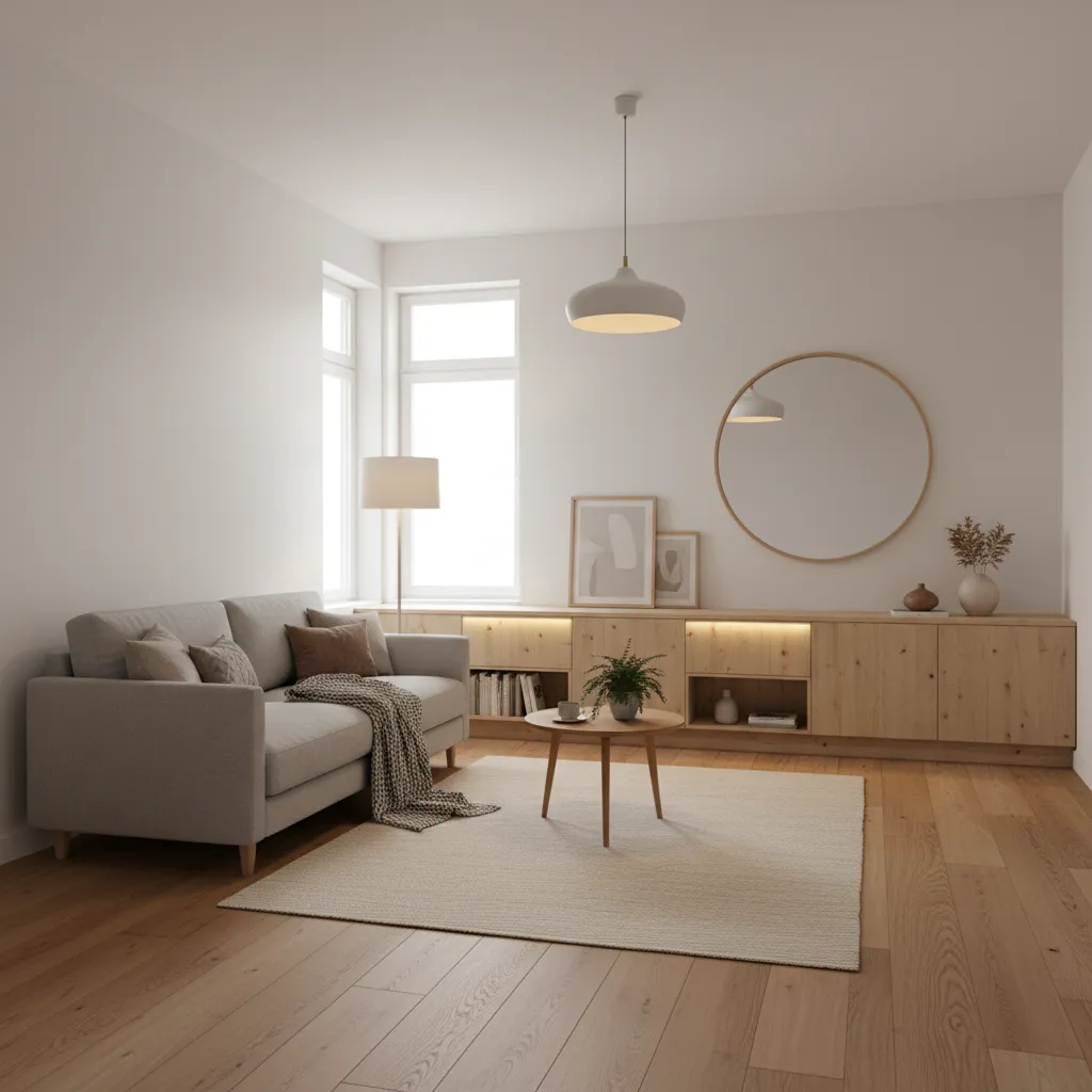 Sala pequeña bien distribuida con sofá, mesa y almacenamiento integrado