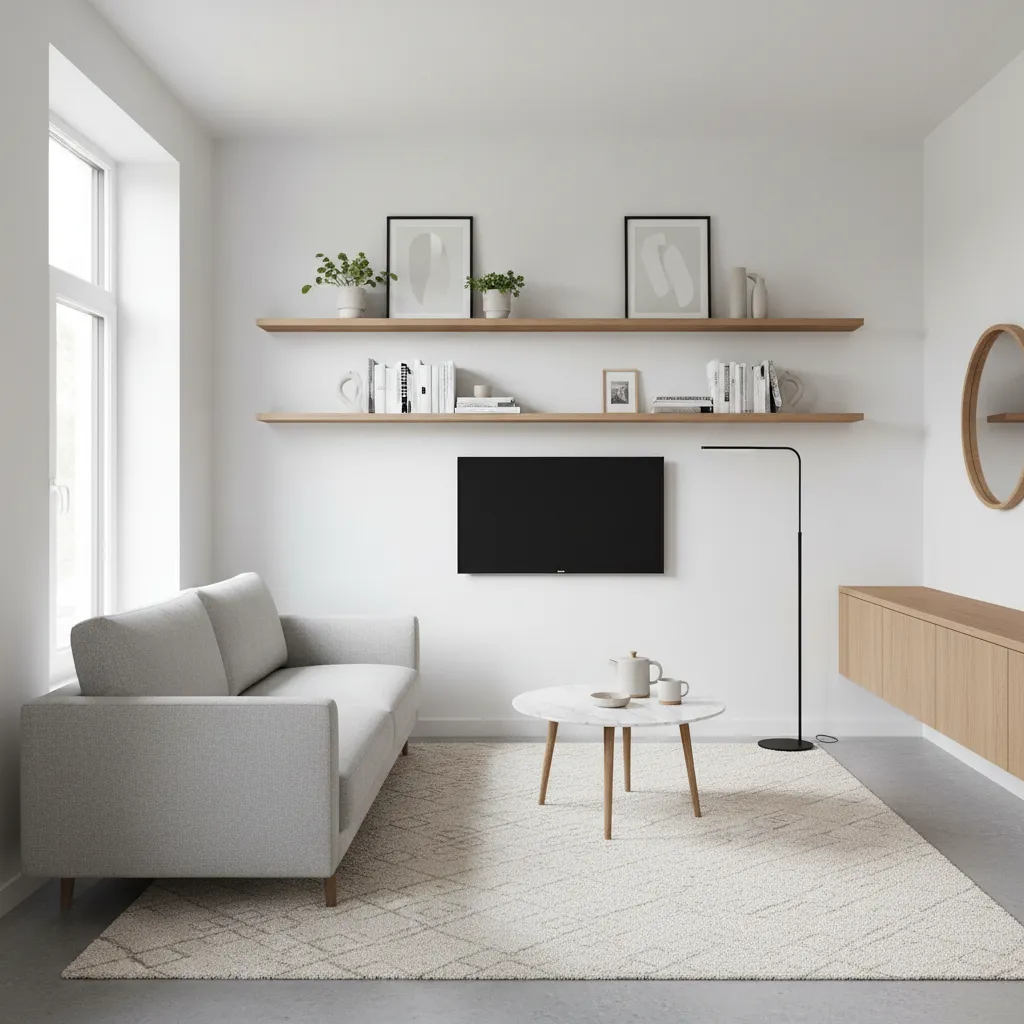 Sala pequeña bien distribuida con sofá compacto y circulación clara