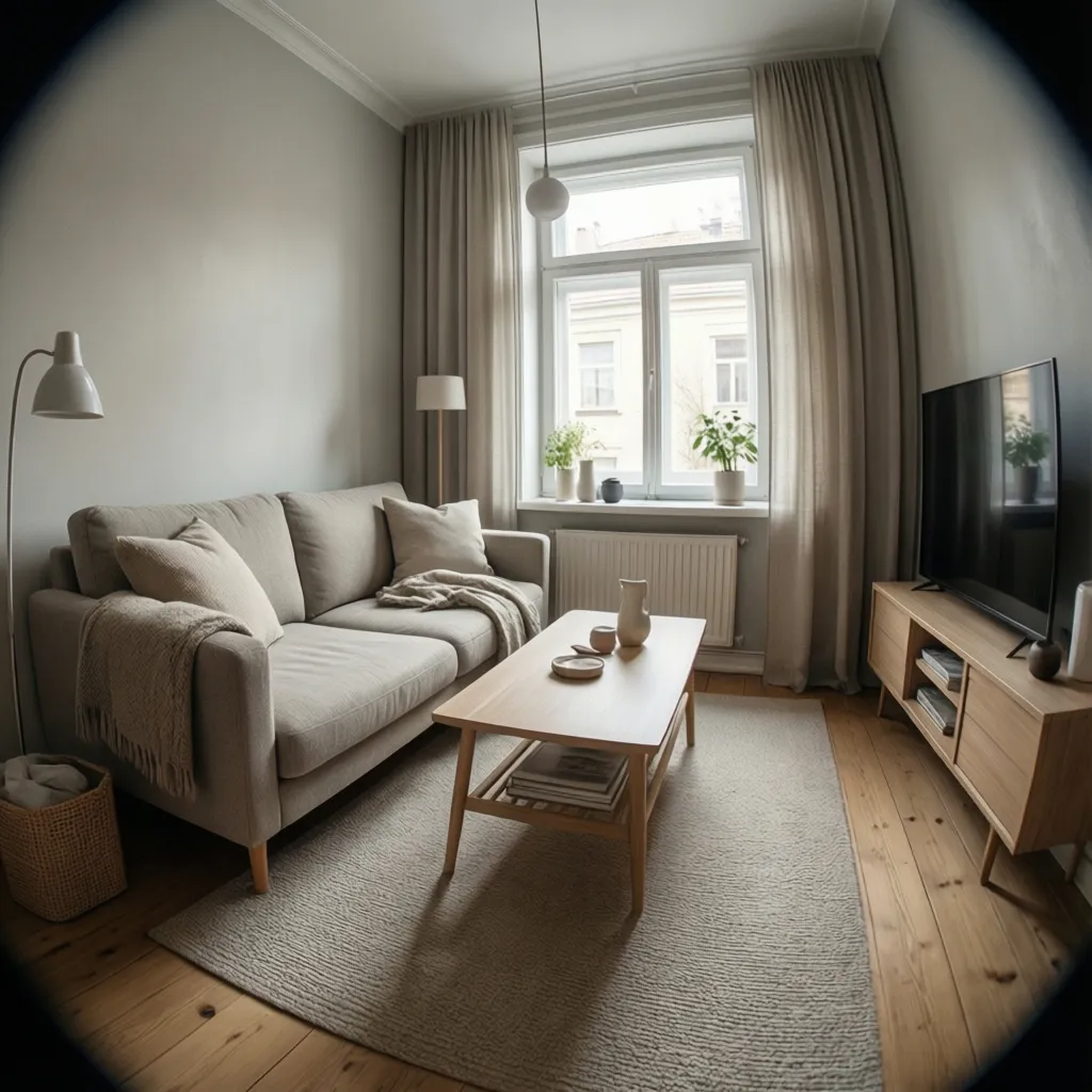 Cozy small living room with grey sofa wooden coffee table television on cabinet and curtains