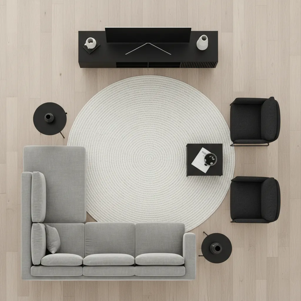 Small living room layout showing sofa placement and circulation paths