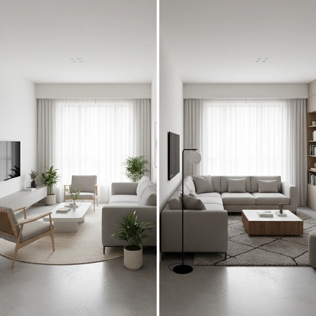 Side by side comparison of parallel sofa layout and L-shaped sofa layout