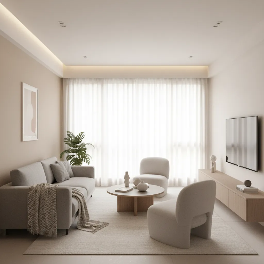 Minimalist living room with grey sofa round chairs wooden coffee table white curtains and plant