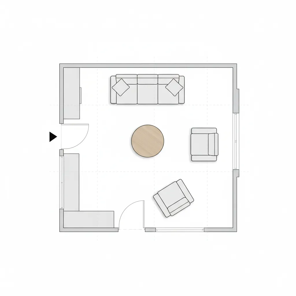 Top-down layout diagram of small living room furniture arrangement