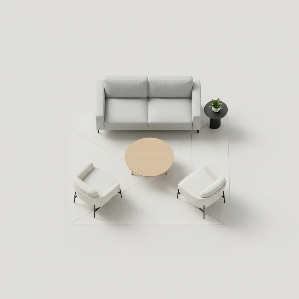 diagram style layout showing sofa and accent chair placement in small living room