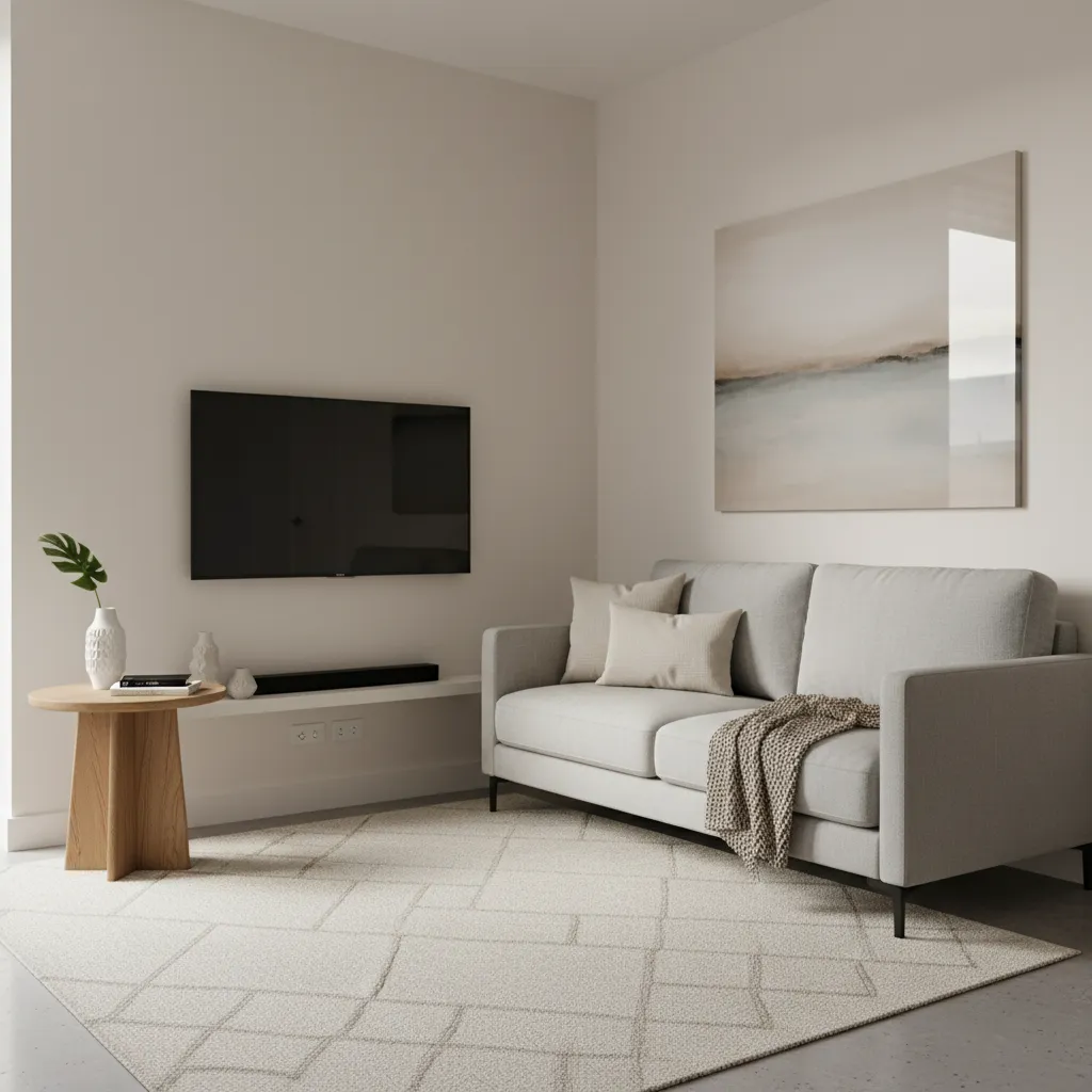 Distribución funcional de una sala pequeña con sofá y mesa auxiliar