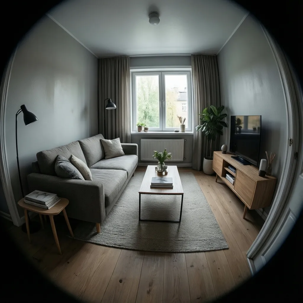 Well organized small living room layout with sofa and minimal furniture