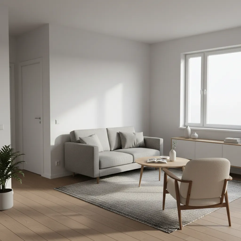 Small living room layout with sofa, accent chair, and open circulation space