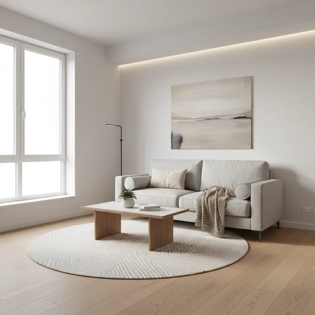Minimalist living room featuring grey sofa, wooden coffee table, round rug, and large wall art