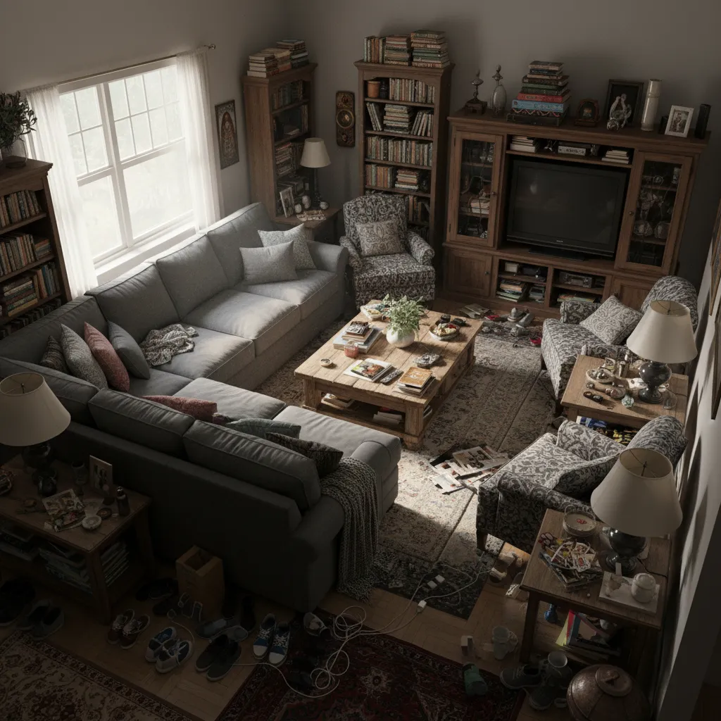 Messy living room filled with large grey sofa wooden bookshelves many shoes and coffee table