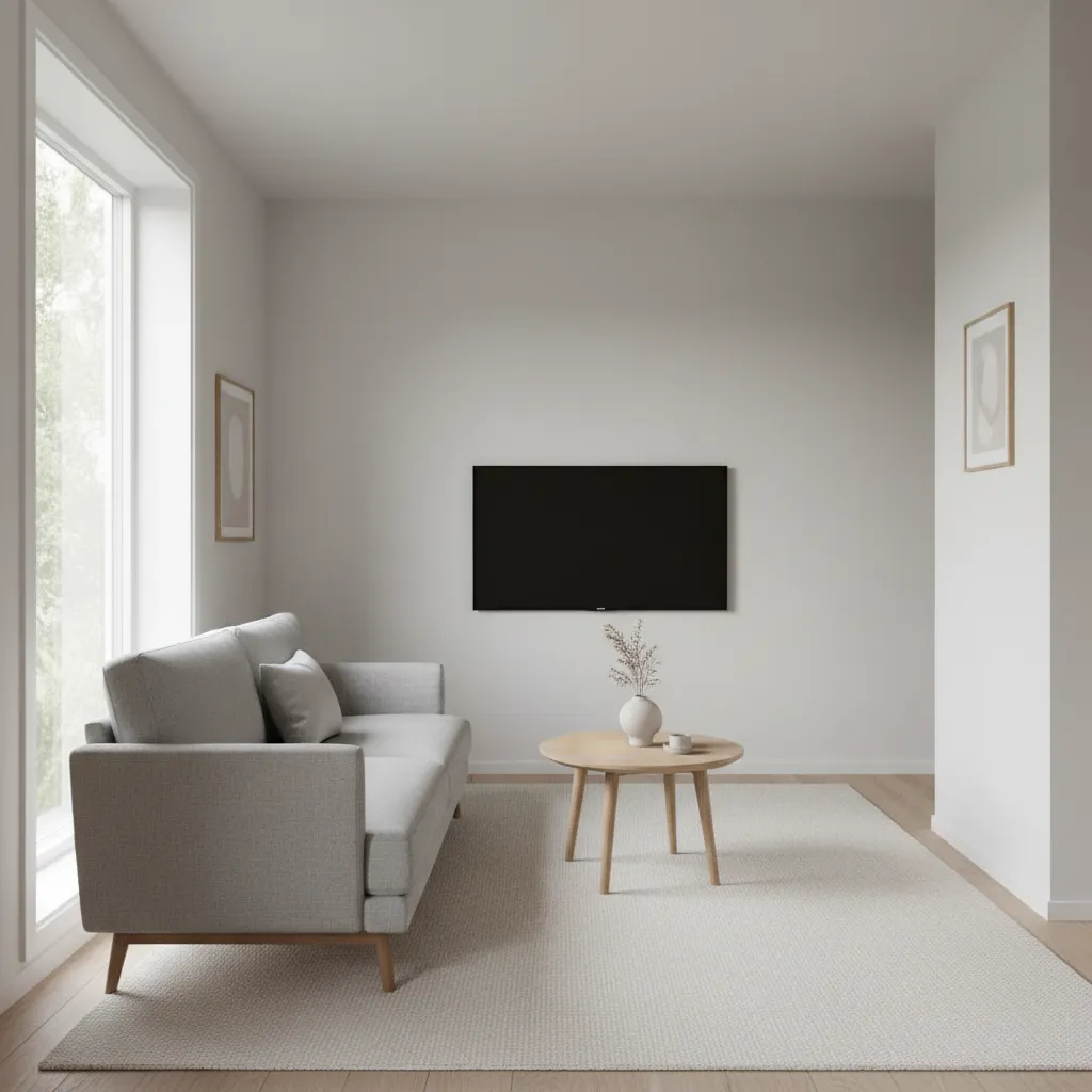 Minimalist living room with grey sofa wooden coffee table wall mounted television and large window