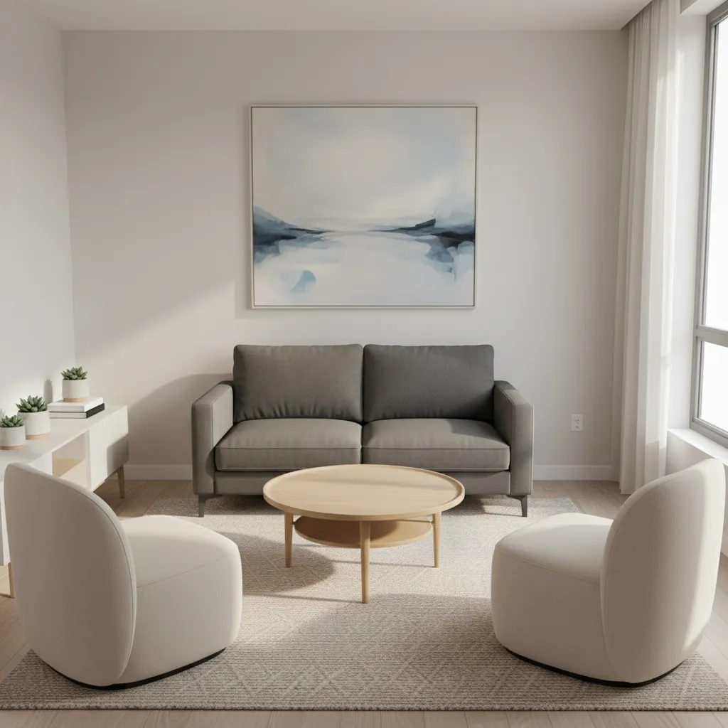 compact apartment living room layout with sofa chairs and coffee table arrangement