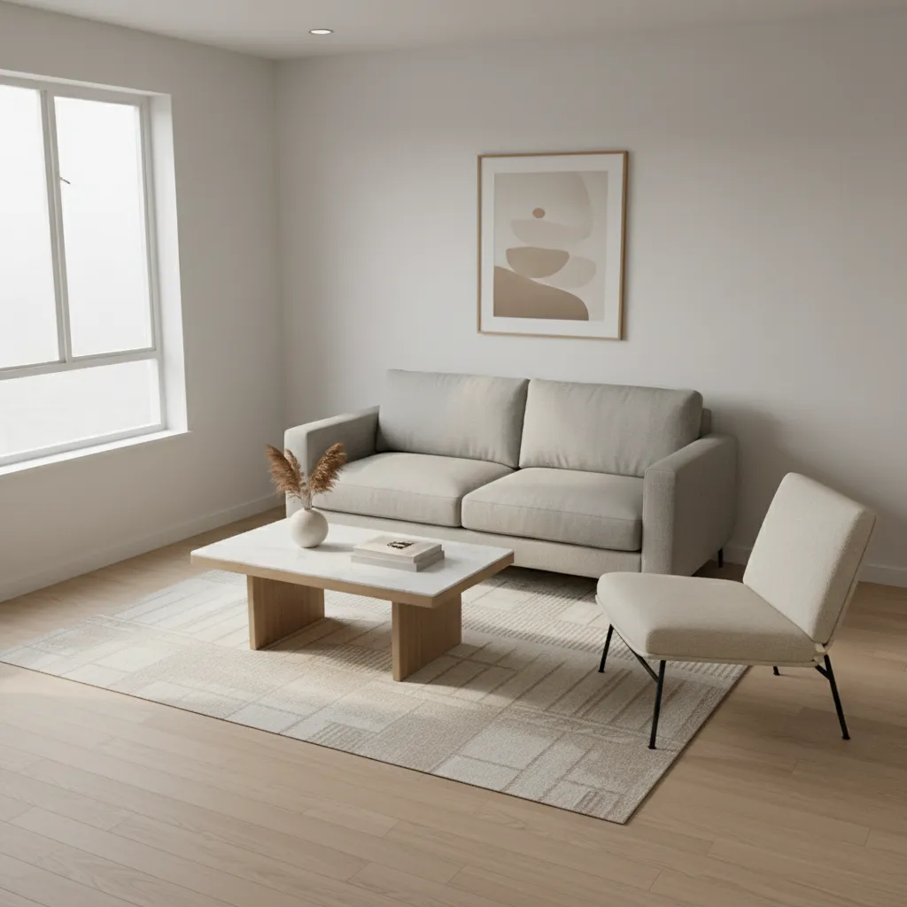 Small living room layout with sofa chair and coffee table arranged for clear movement