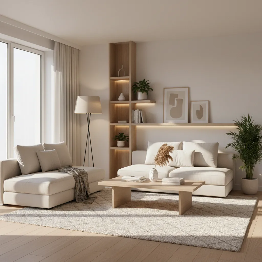 Compact modern living room showing balanced furniture layout